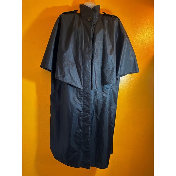 Vintage Jackets & Blazers - Vintage Black Cape Raincoat Rubber Back Thick Shoulder Pads 80s 90s Medium